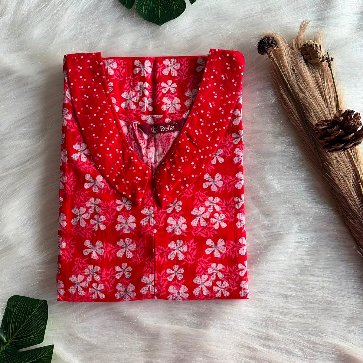 Red And White Floral Printed Premium Cotton Peter Pan Collar Long Zip Feeding Nighty | Free Size | Chest Width 44″| Length 56″