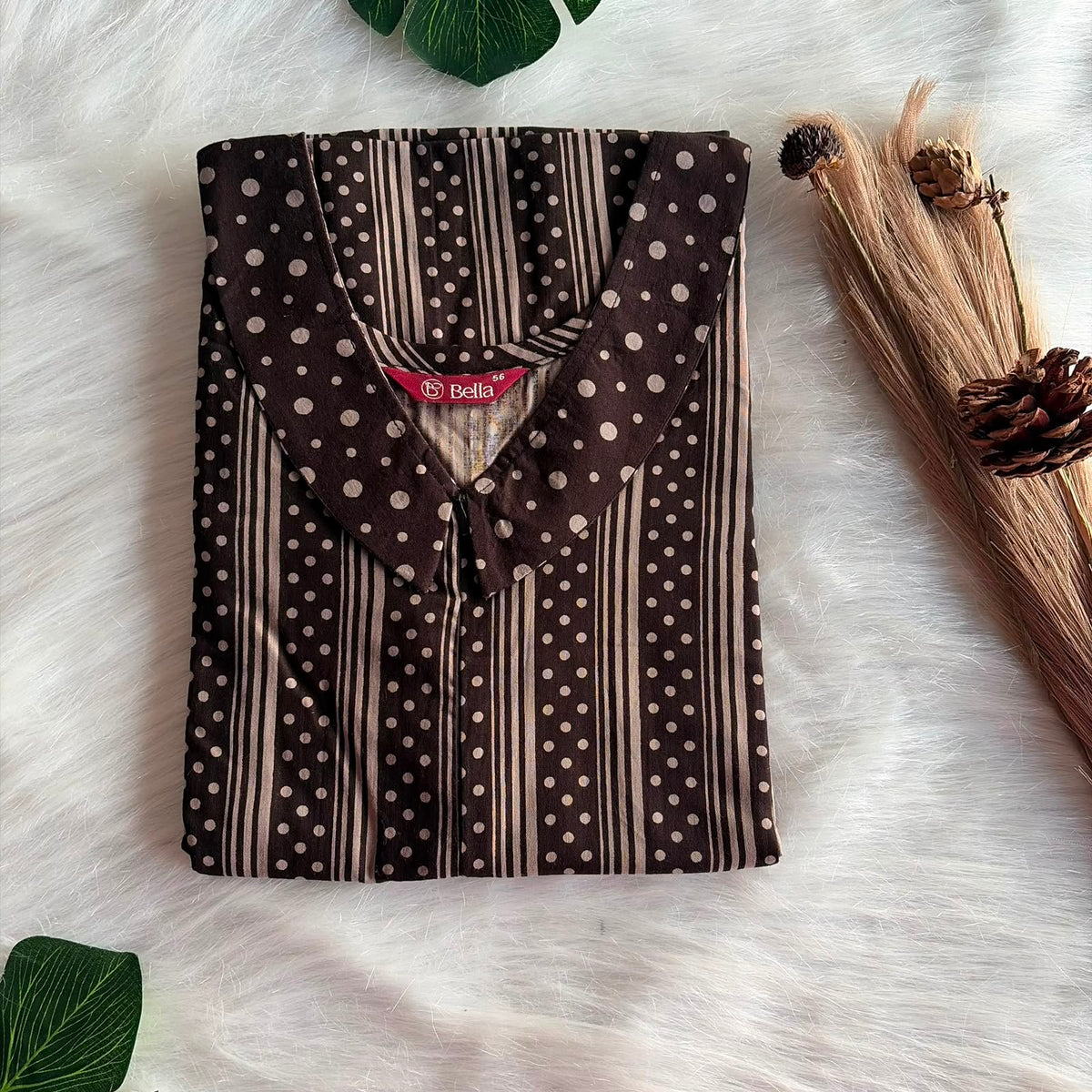 Coffee Brown And Cream stripes Printed Premium Cotton Peter Pan Collar Long Zip Feeding Nighty | Free Size | Chest Width 44″| Length 56″