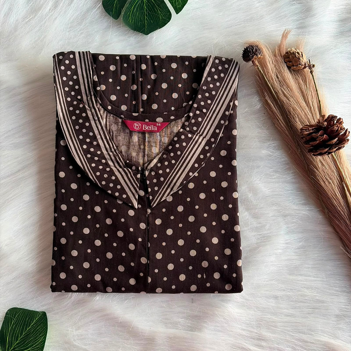 Cream And Coffee Brown Dot Printed Premium Cotton Peter Pan Collar Long Zip Feeding Nighty | Free Size | Chest Width 44″| Length 56″