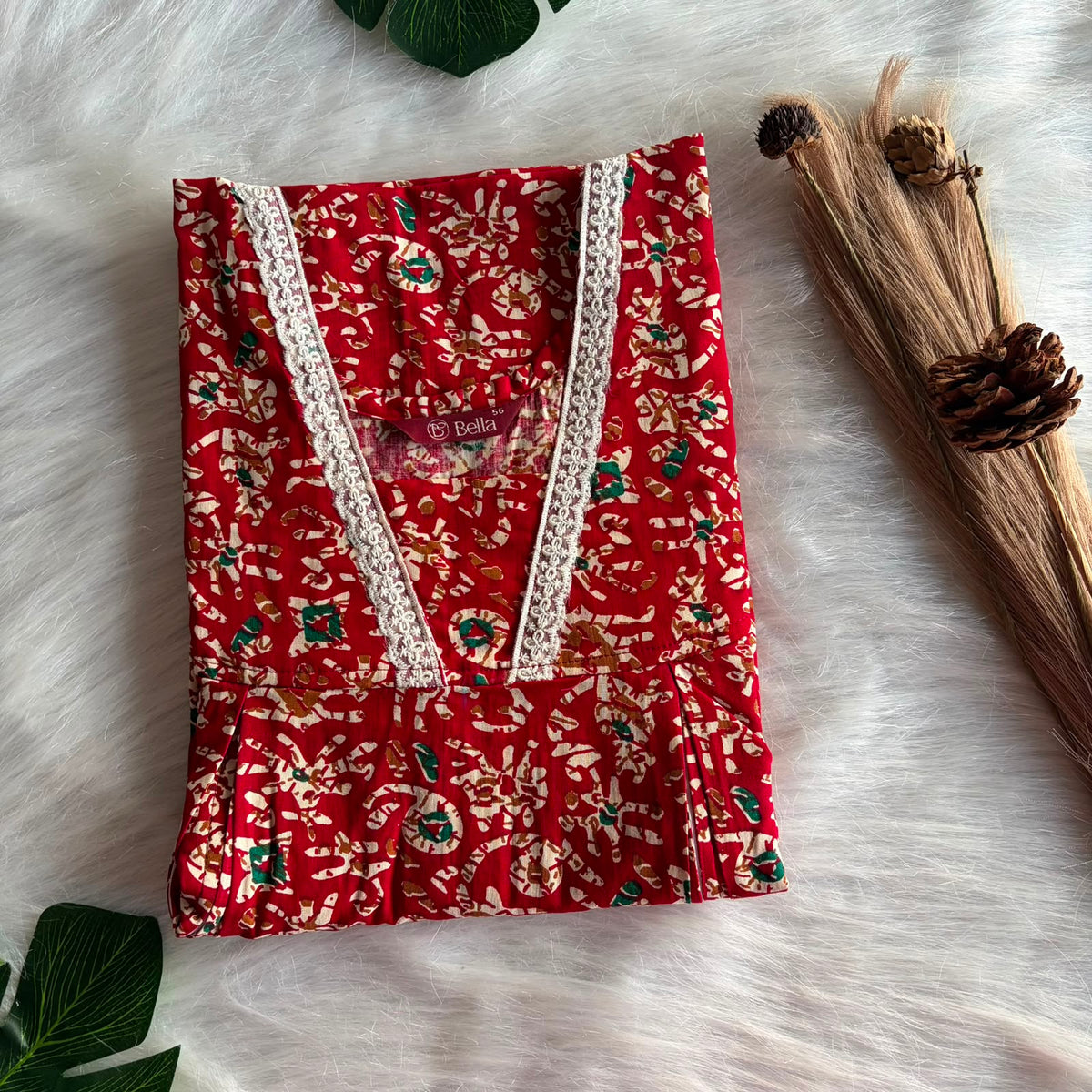 Red And Cream Printed Gujari Cotton Two Side Vertical Lace Zip Feeding Nighty | Free Size | Chest Width 44″| Length 56″
