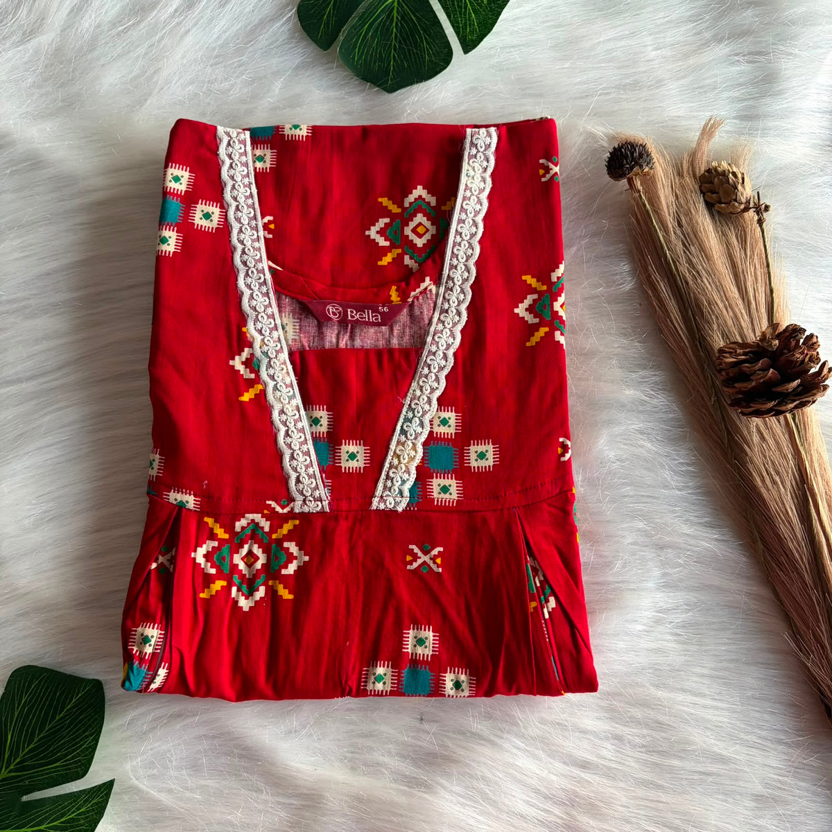 Red Printed Gujari Cotton Two Side Vertical Lace Zip Feeding Nighty | Free Size | Chest Width 44″| Length 56″
