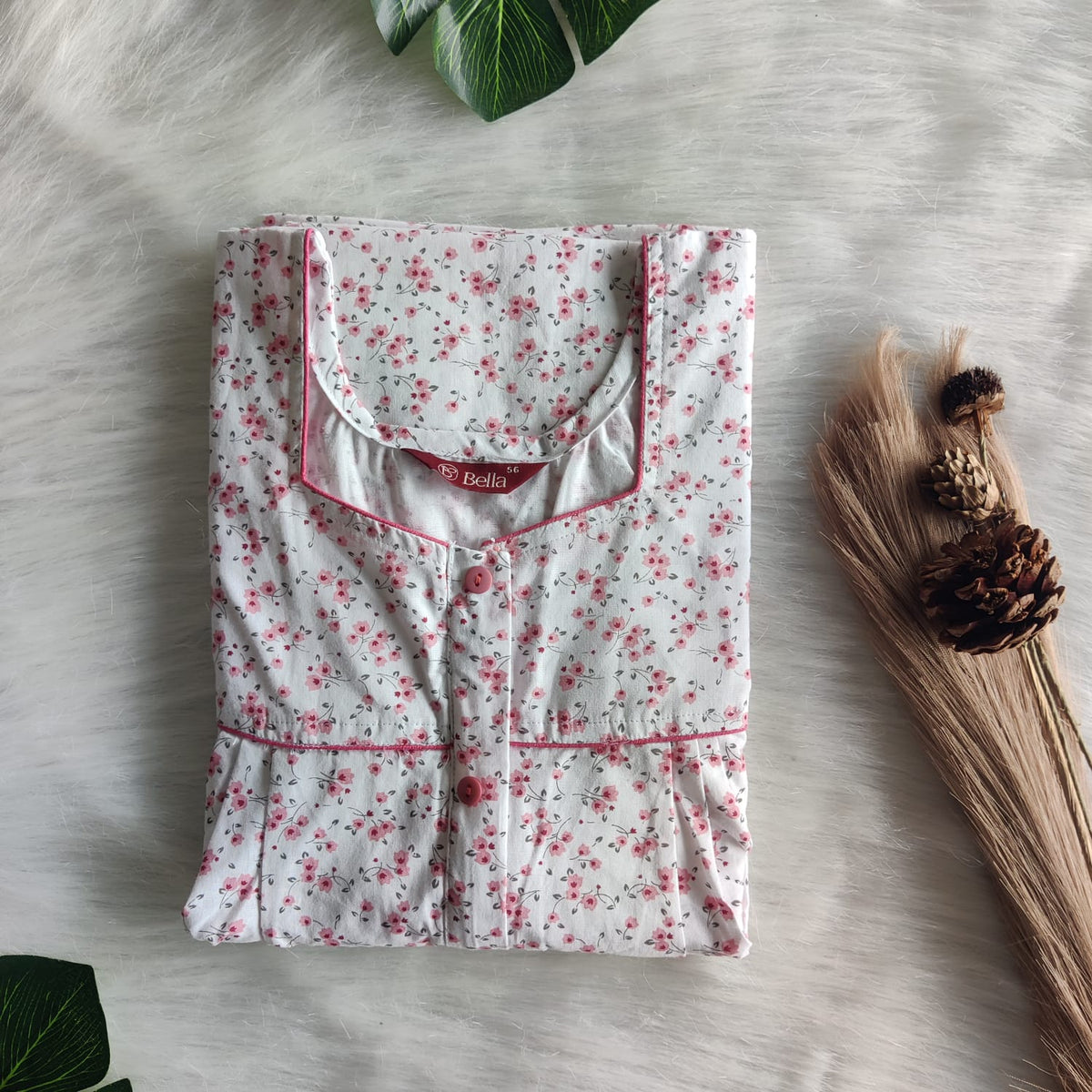 Peach Floral Printed White Pure Cotton Button Zip Nighty | Free Size | Chest Width 44″| Length 55″-56″