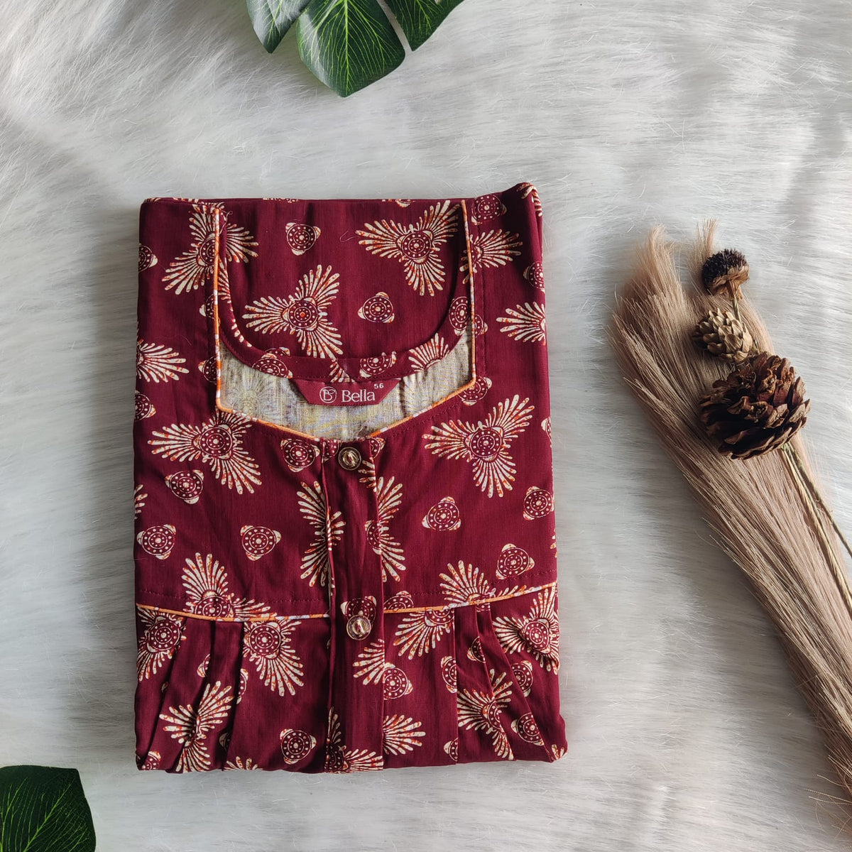 Cream Floral Printed Maroon Gujari Cotton Button Zip Nighty | Free Size | Chest Width 44″| Length 55″-56″
