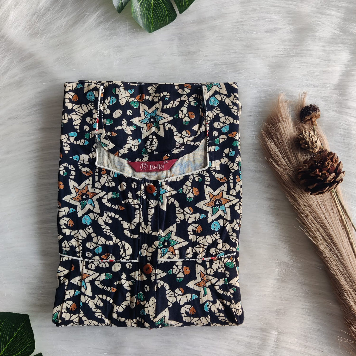 Cream Printed Navy Blue Gujari Cotton Button Zip Nighty | Free Size | Chest Width 44″| Length 55″-56″
