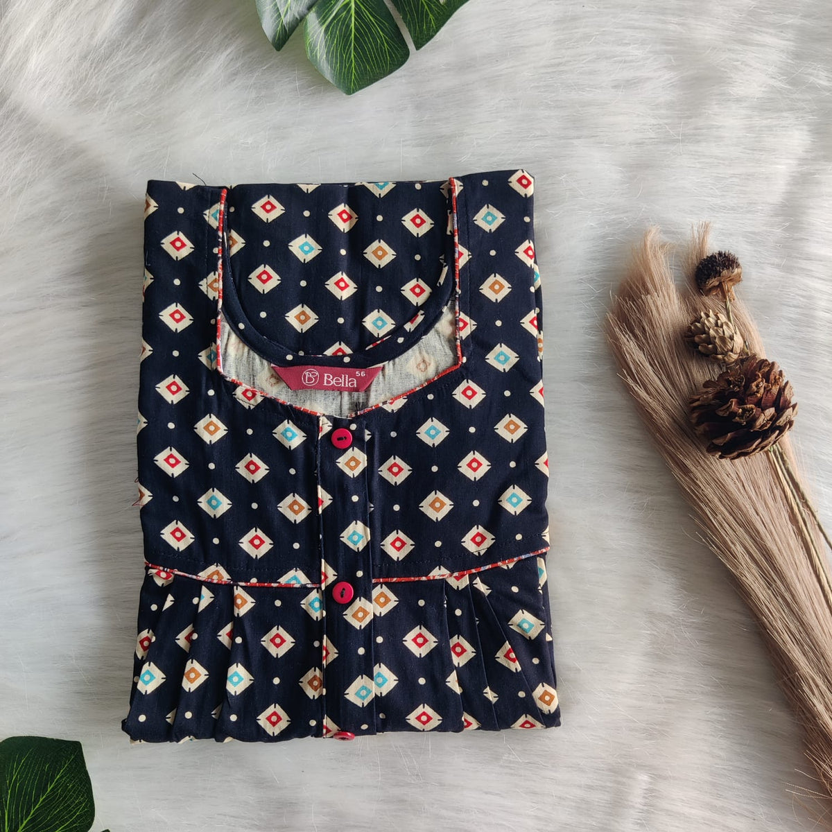 Cream Ikat Printed Navy Blue Gujari Cotton Button Zip Nighty | Free Size | Chest Width 44″| Length 55″-56″