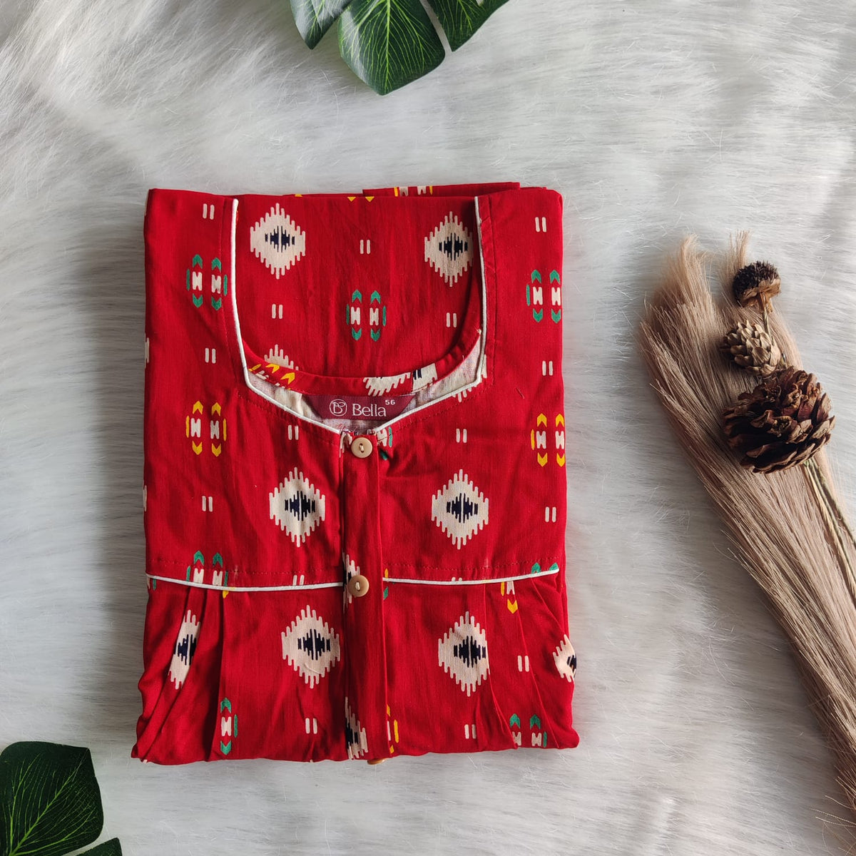 Cream Ikat Printed Red Gujari Cotton Button Zip Nighty | Free Size | Chest Width 44″| Length 55″-56″