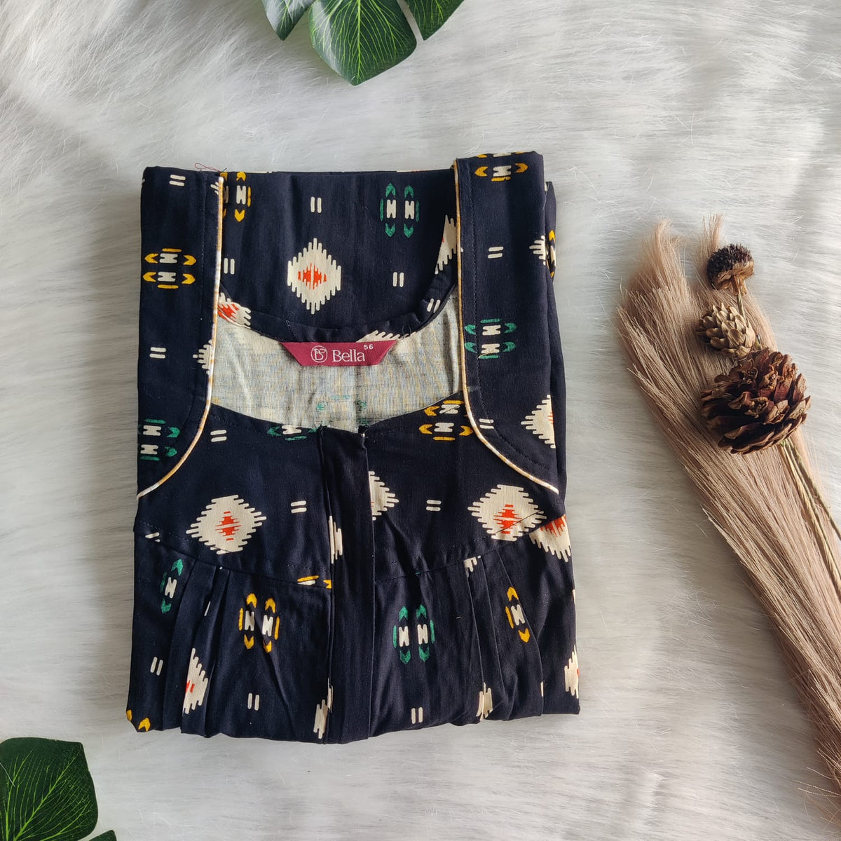 Cream Ikat Printed Navy Blue Gujari Cotton Pleated Zip Nighty | Chest Width 44″ | Length 54″-55″