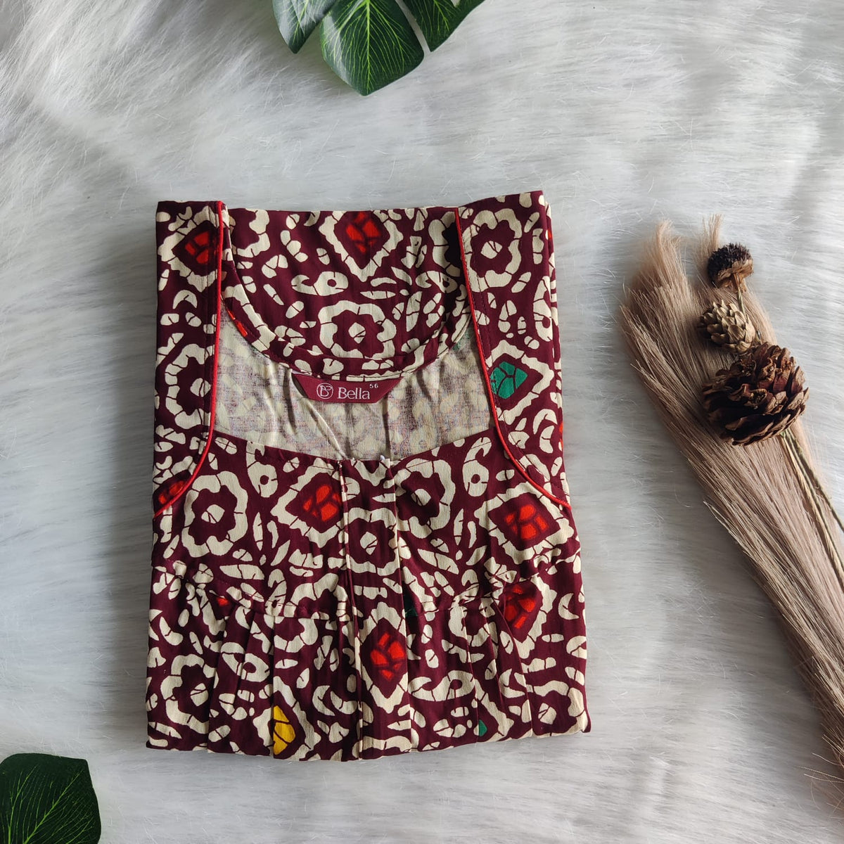 Cream Printed Coffee Brown Gujari Cotton Pleated Zip Nighty | Chest Width 44″ | Length 54″-55″