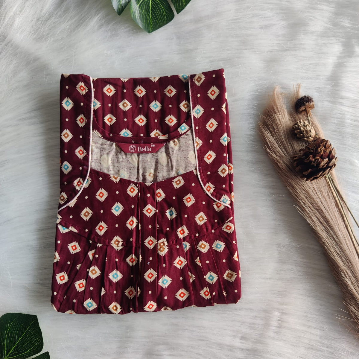 Cream Ikat Coffee Brown Gujari Cotton Pleated Zip Nighty | Chest Width 44″ | Length 54″-55″
