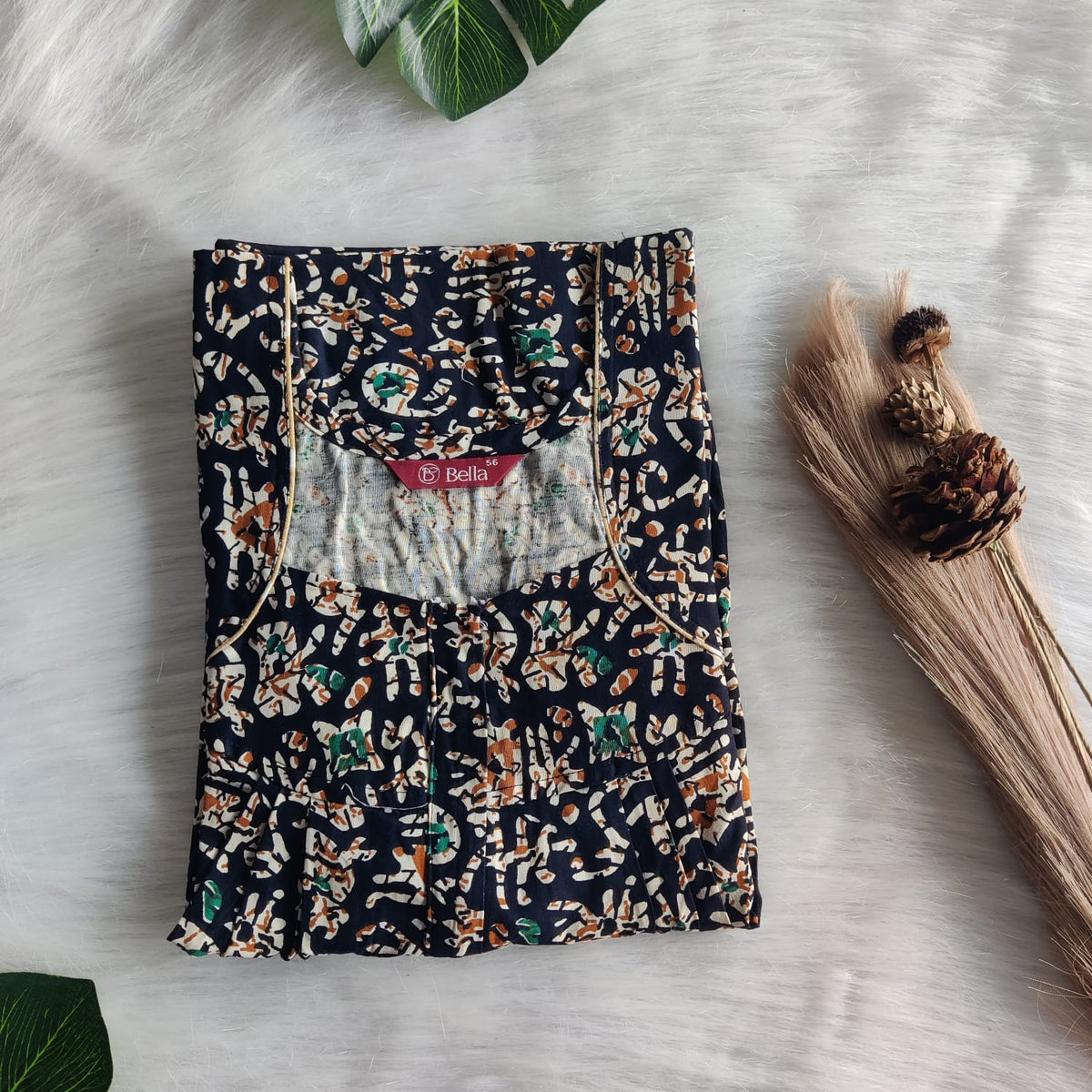 Green And Cream Printed Navy Blue Gujari Cotton Pleated Zip Nighty | Chest Width 44″ | Length 54″-55″