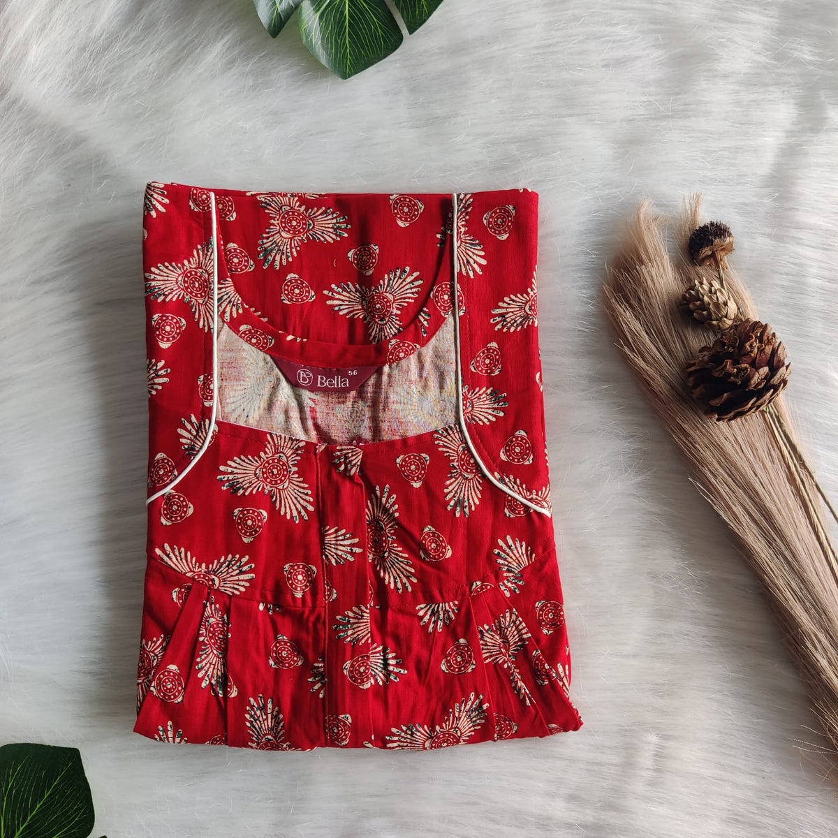Cream Floral Printed Red Gujari Cotton Pleated Zip Nighty | Chest Width 44″ | Length 54″-55″