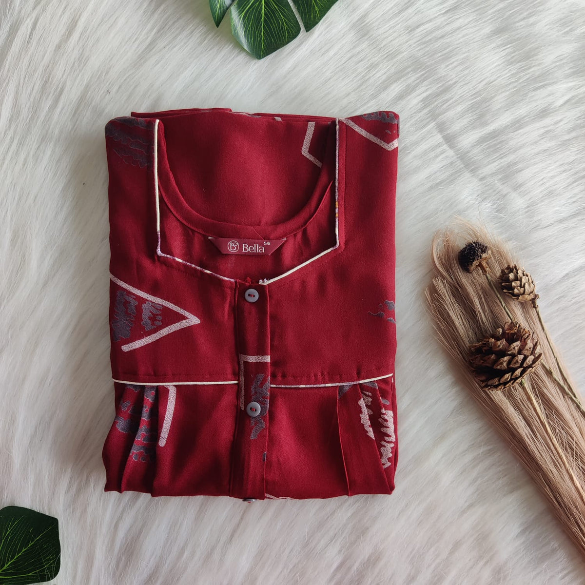 Maroon Printed Alfine Button Zip Nighty | Free Size | Chest Width 44″| Length 54″-56″