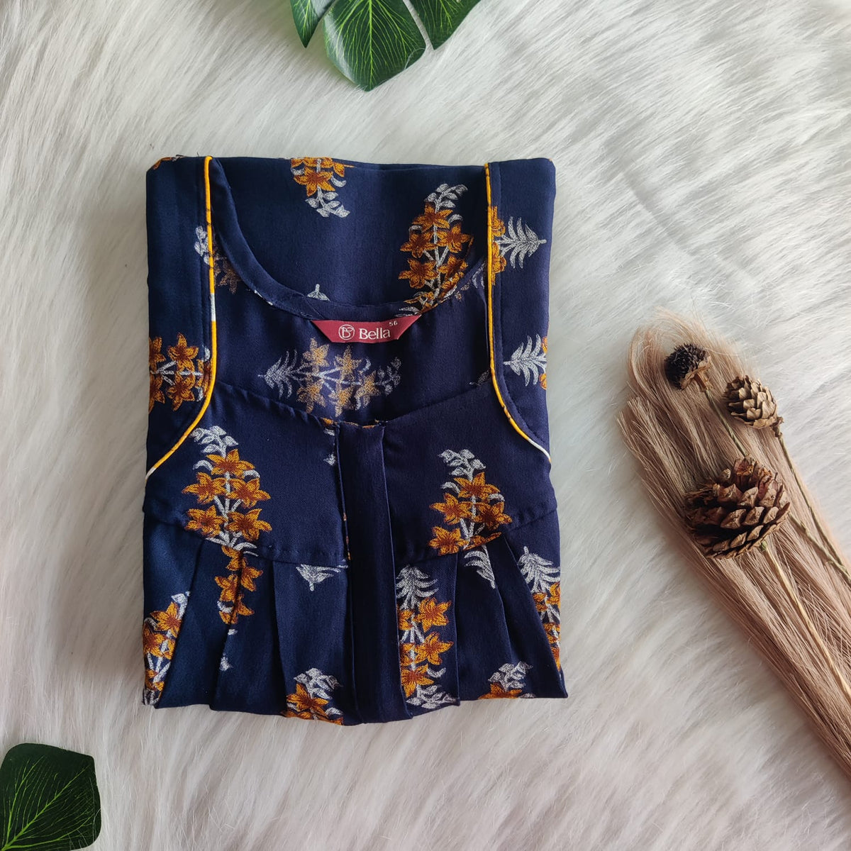 Brown Floral Printed Navy Blue Alfine Pleated Zip Nighty | Free Size | Chest Width 44″| Length 54″-55″