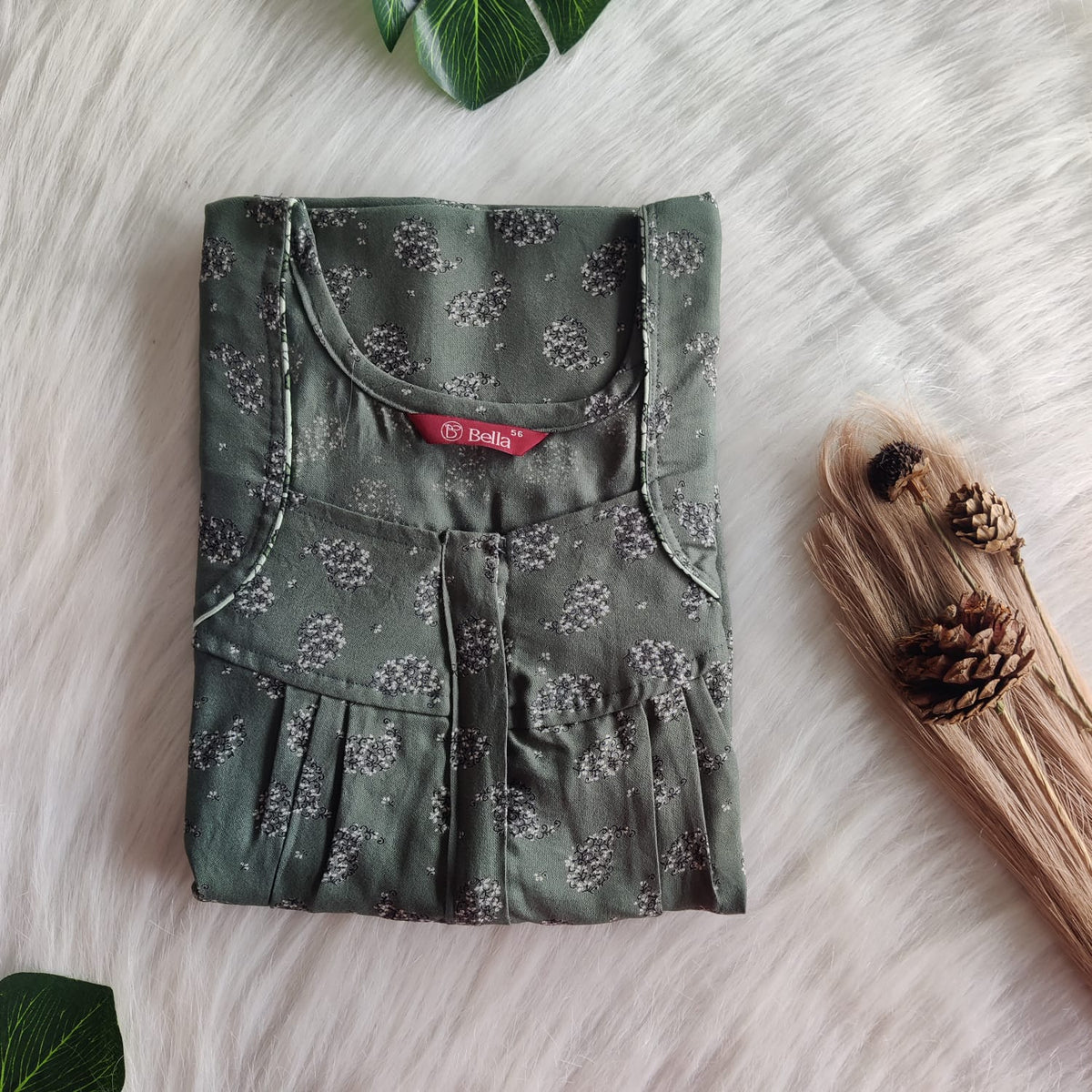 Pastel Green Printed Alfine Pleated Zip Nighty | Free Size | Chest Width 44″| Length 54″-55″