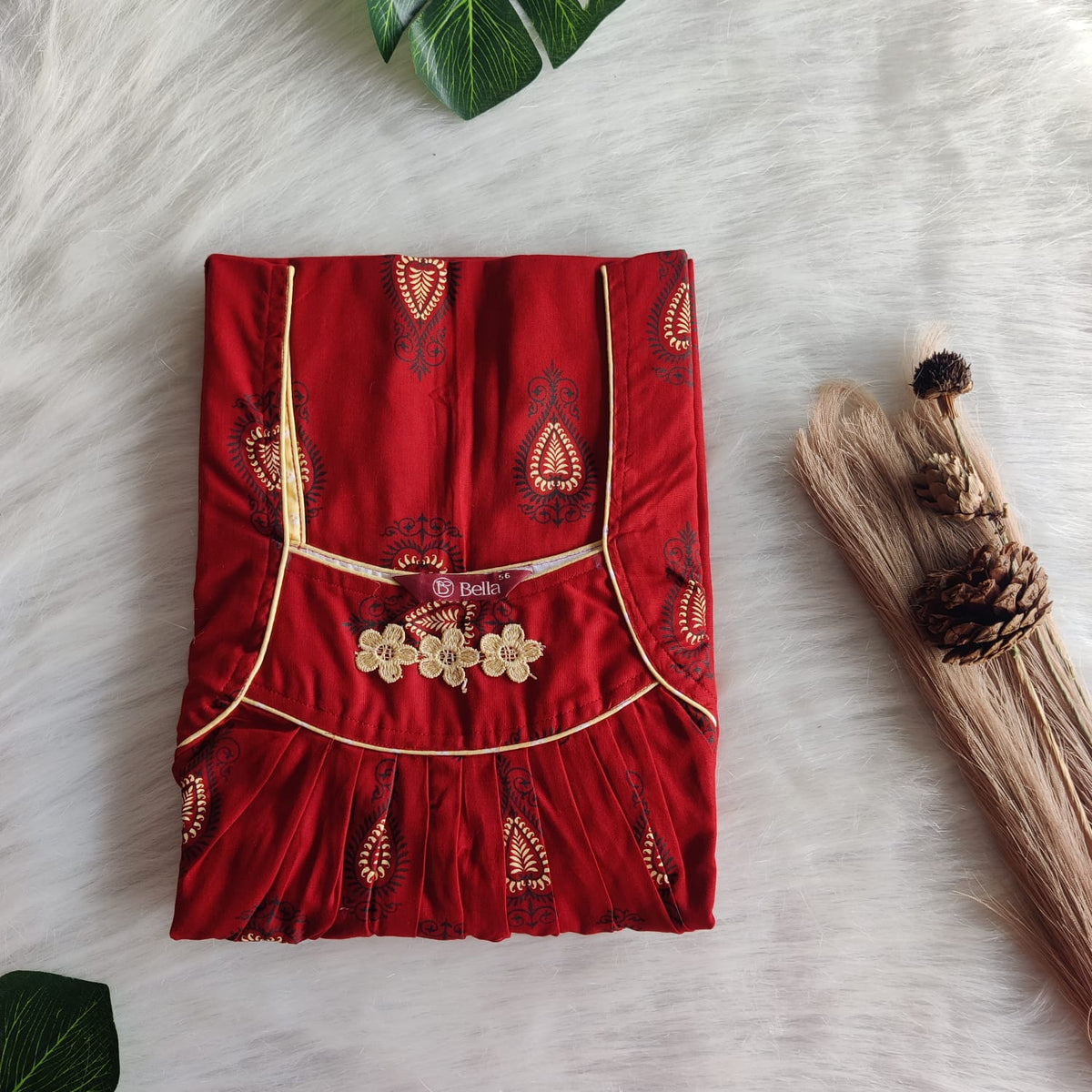 Red Printed Premium Cotton Three Flower Nighty |Free Size | Chest Width 44"| Length 54"-55"