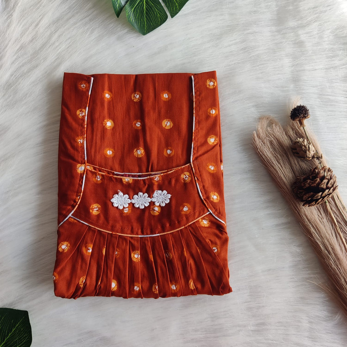 Rust Orange Printed Premium Cotton Three Flower Nighty |Free Size | Chest Width 44"| Length 54"-55"