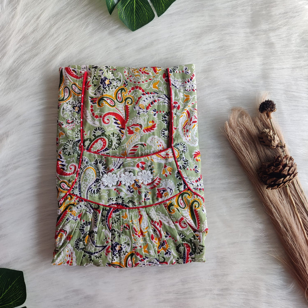 Green And Red Kalamkari Printed Premium Cotton Three Flower Nighty |Free Size | Chest Width 44"| Length 54"-55"