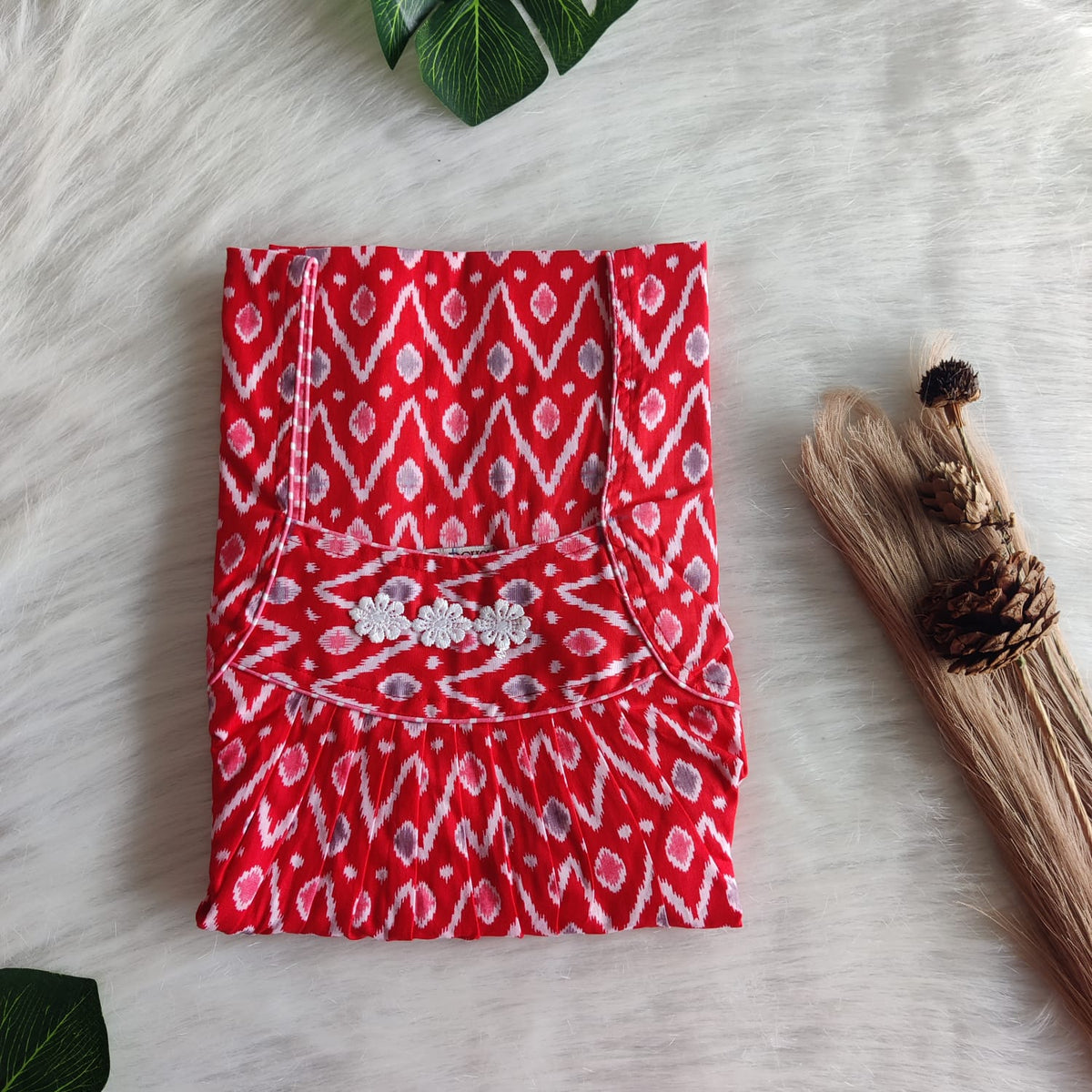 Red And Grey Ikat Printed Premium Cotton Three Flower Nighty |Free Size | Chest Width 44"| Length 54"-55"