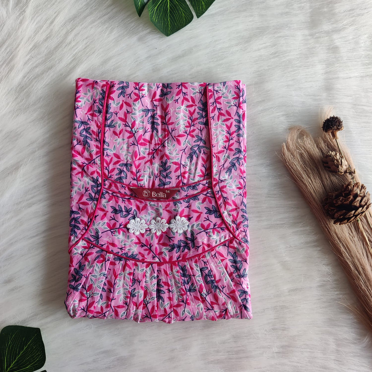 Pink And Blue Leaf Printed Premium Cotton Three Flower Nighty |Free Size | Chest Width 44"| Length 54"-55"