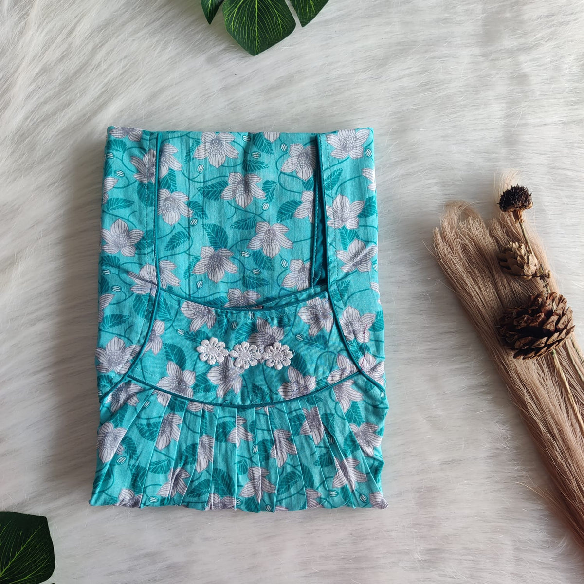 White Floral Printed Blue Premium Cotton Three Flower Nighty |Free Size | Chest Width 44"| Length 54"-55"