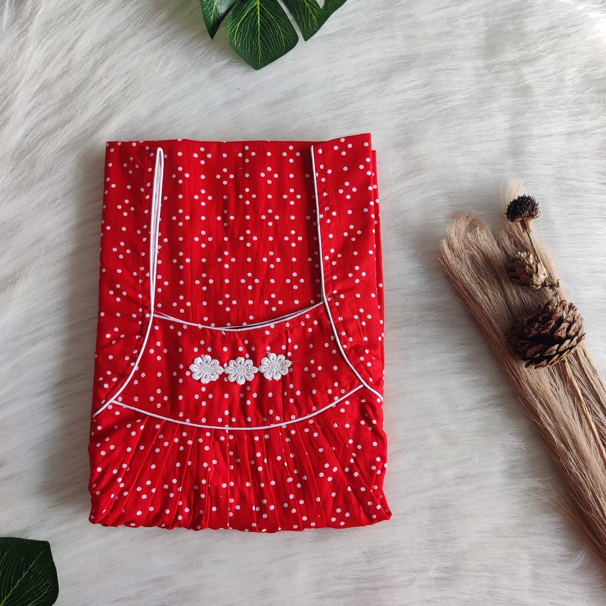Red Dot Printed Premium Cotton Three Flower Nighty |Free Size | Chest Width 44"| Length 54"-55"