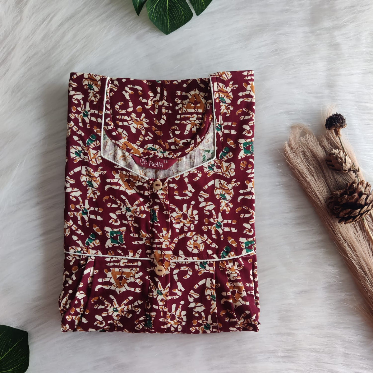 Cream And Green Printed Maroon Gujari Cotton Button Zip Nighty | Free Size | Chest Width 44″| Length 55″-56″