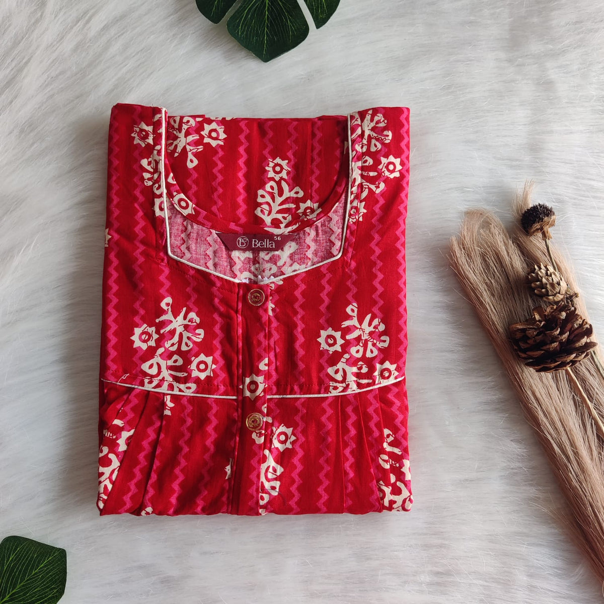 Cream Floral Printed Red Gujari Cotton Button Zip Nighty | Free Size | Chest Width 44″| Length 55″-56″