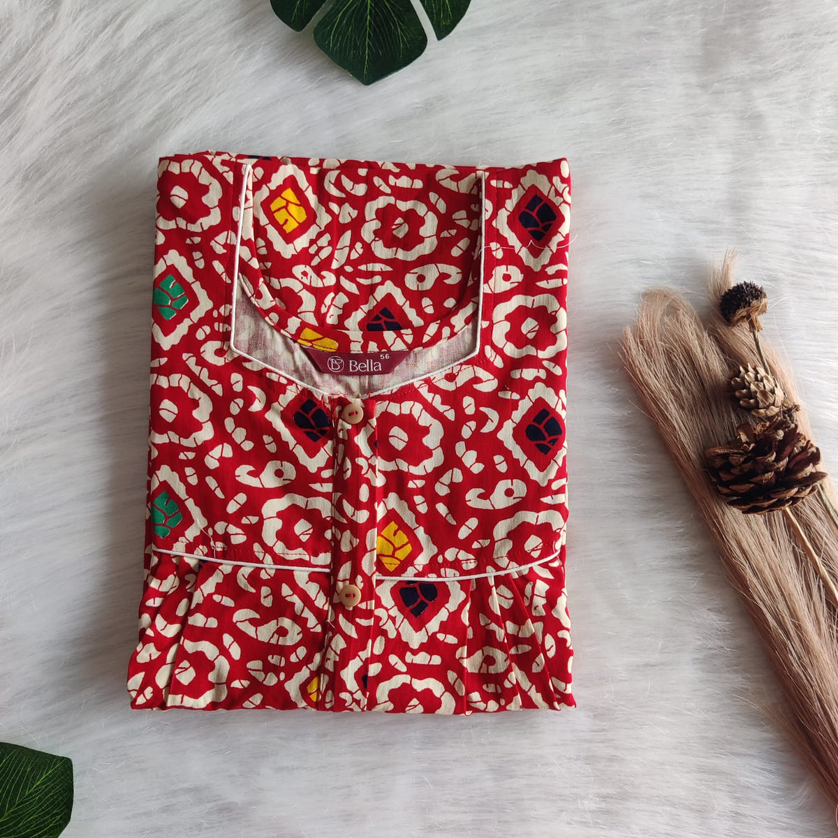 Yellow And Green Printed Red Gujari Cotton Button Zip Nighty | Free Size | Chest Width 44″| Length 55″-56″