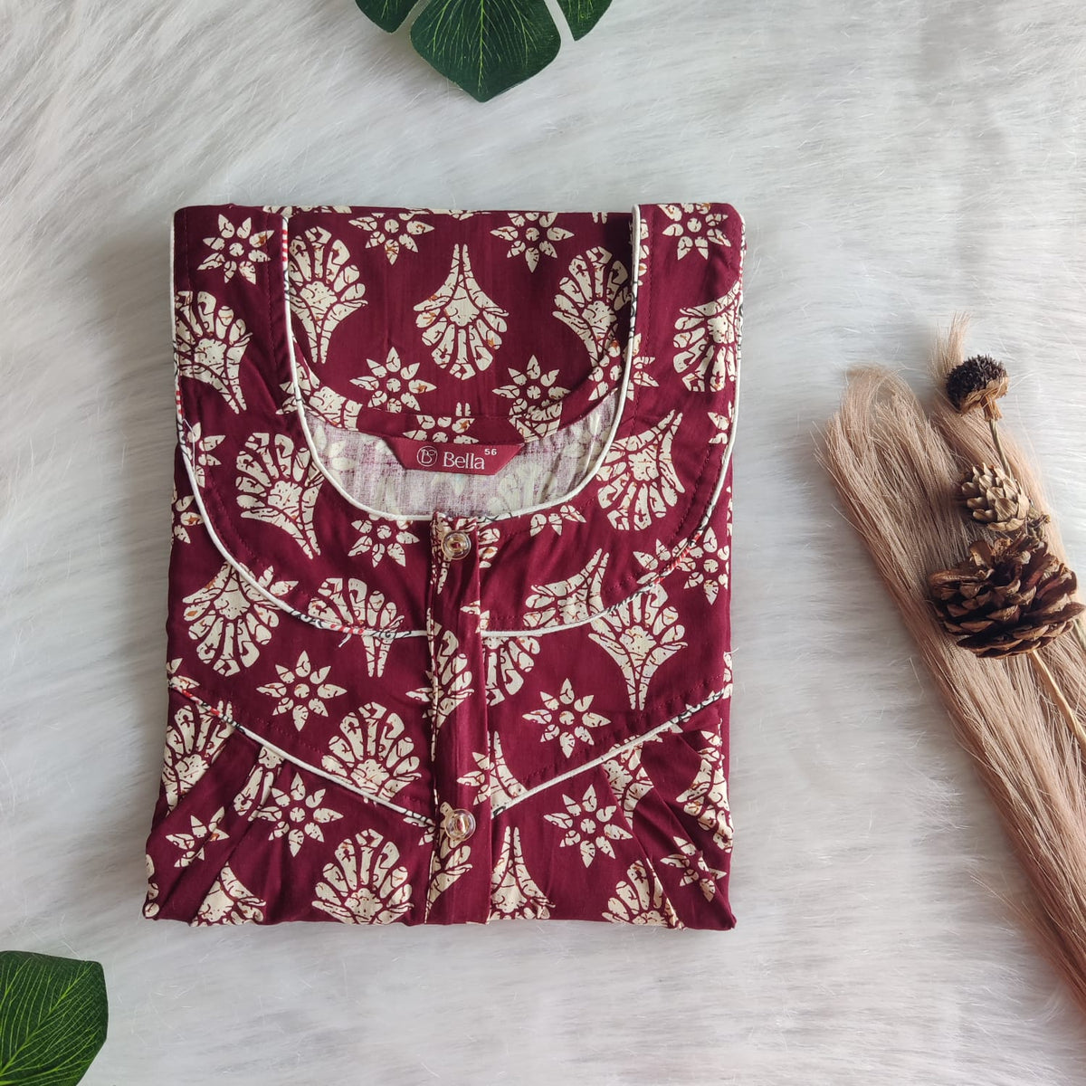 Cream Floral Printed Maroon Gujari Cotton Long Zip Pleated Nighty | Chest Width 44″ | Length 56″