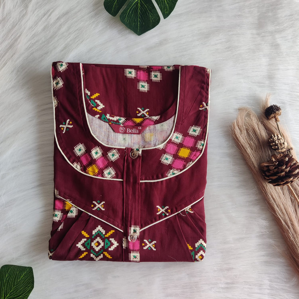 Pink And Yellow Printed Maroon Gujari Cotton Long Zip Pleated Nighty | Chest Width 44″ | Length 56″