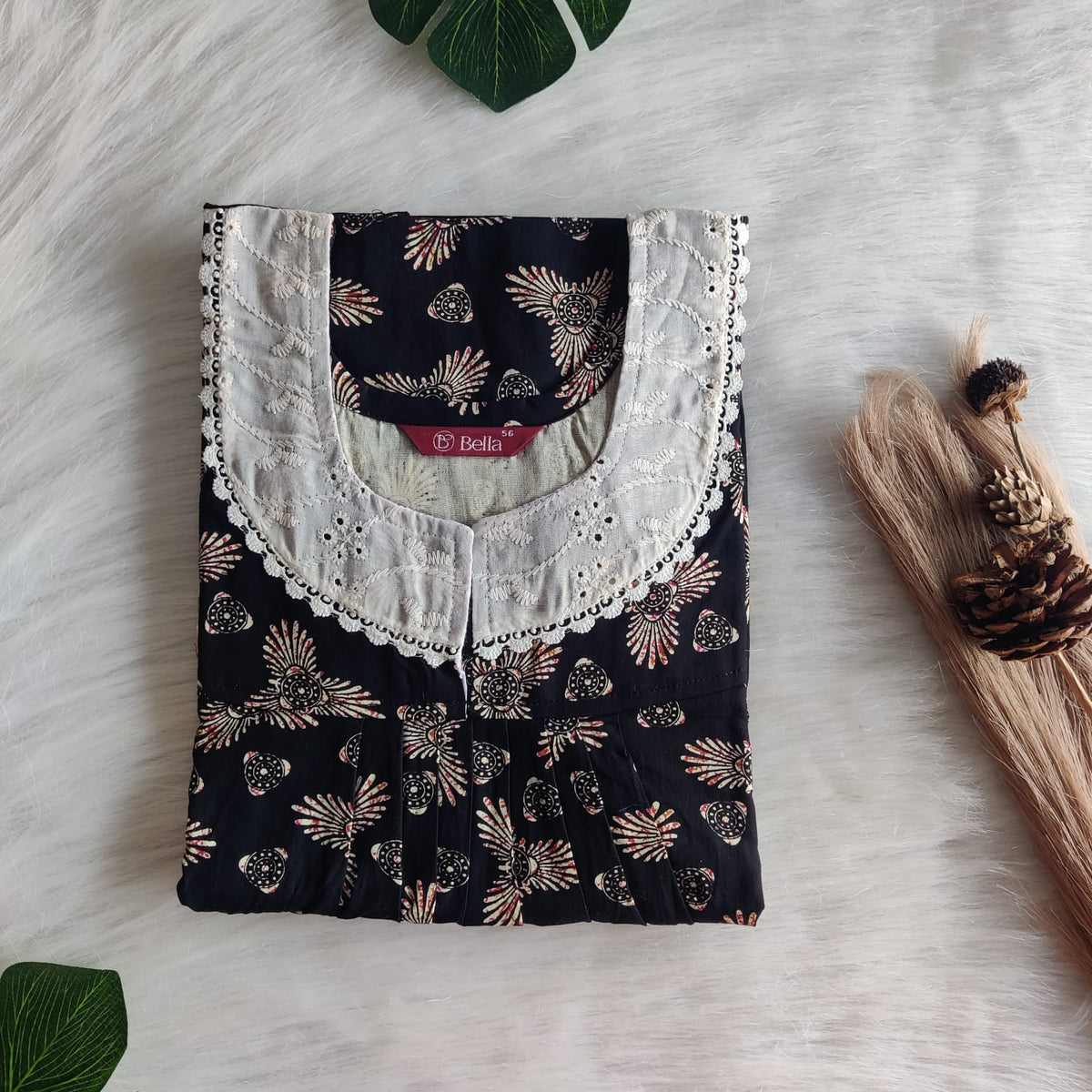 Cream Printed Black Gujari Cotton Hakoba Lace Nighty | Free Size | Chest Width 44″| Length 54″-56″
