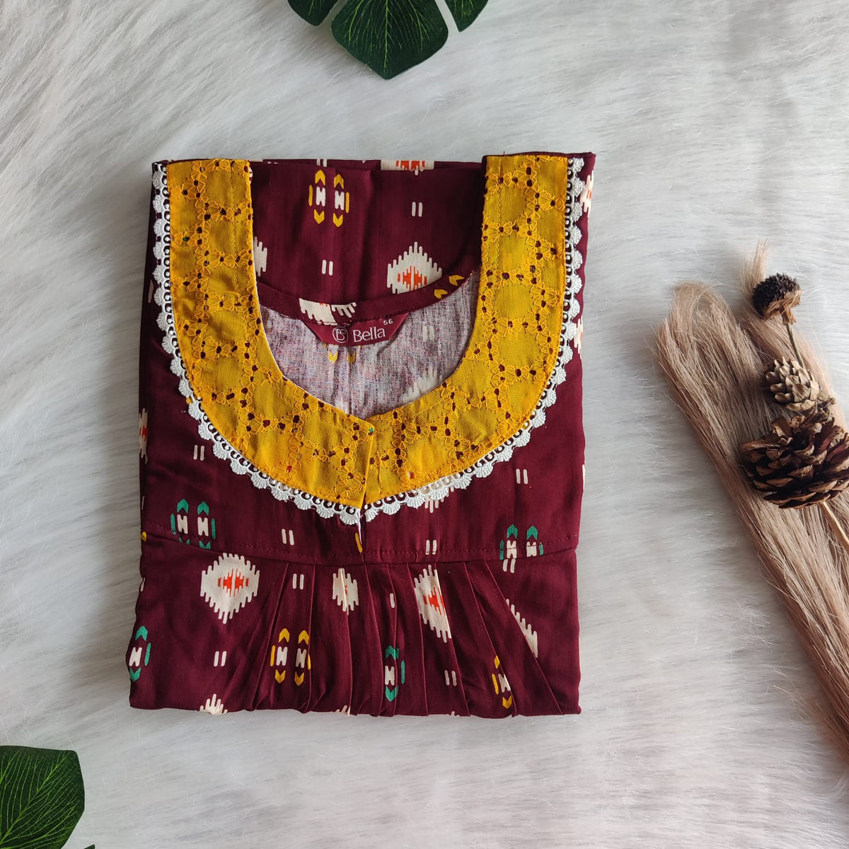 Yellow Printed Maroon Gujari Cotton Hakoba Lace Nighty | Free Size | Chest Width 44″| Length 54″-56″
