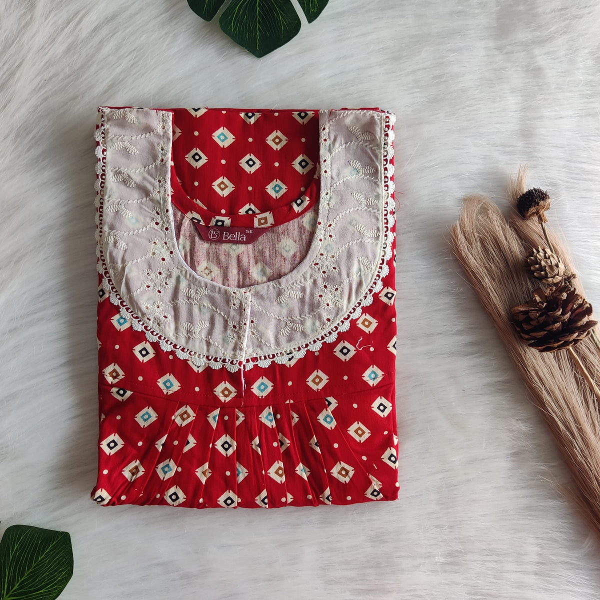 Cream Printed Red Gujari Cotton Hakoba Lace Nighty | Free Size | Chest Width 44″| Length 54″-56″