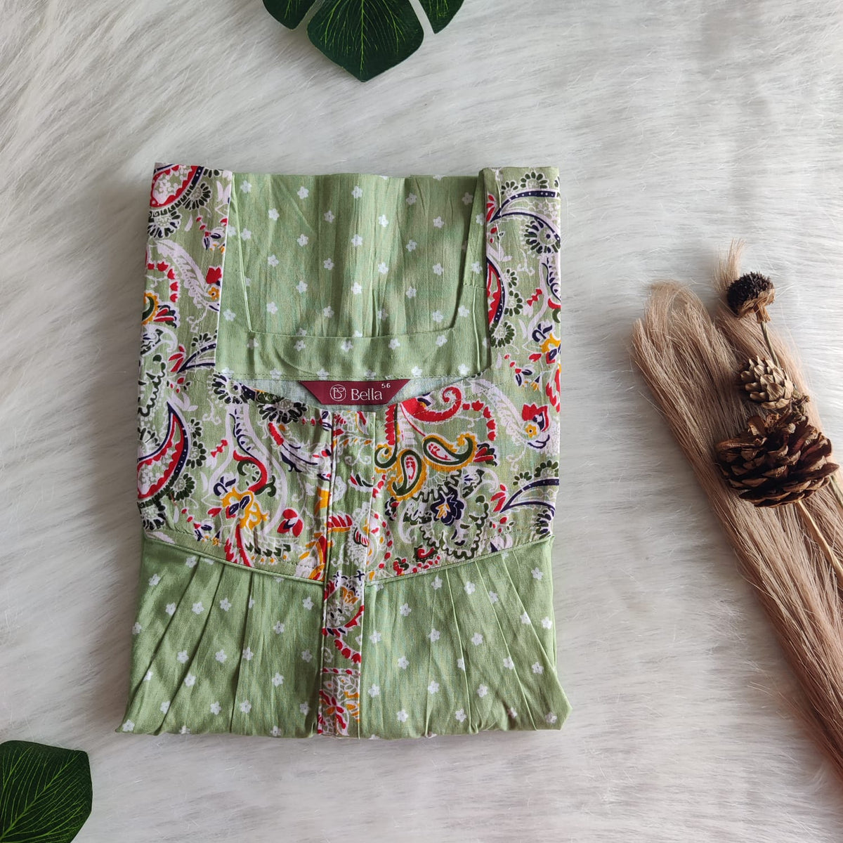 Yellow And Green Floral Printed Premium Cotton Square Neck Pleated Nighty | Free Size | Chest Width 44″| Length 55″-56″
