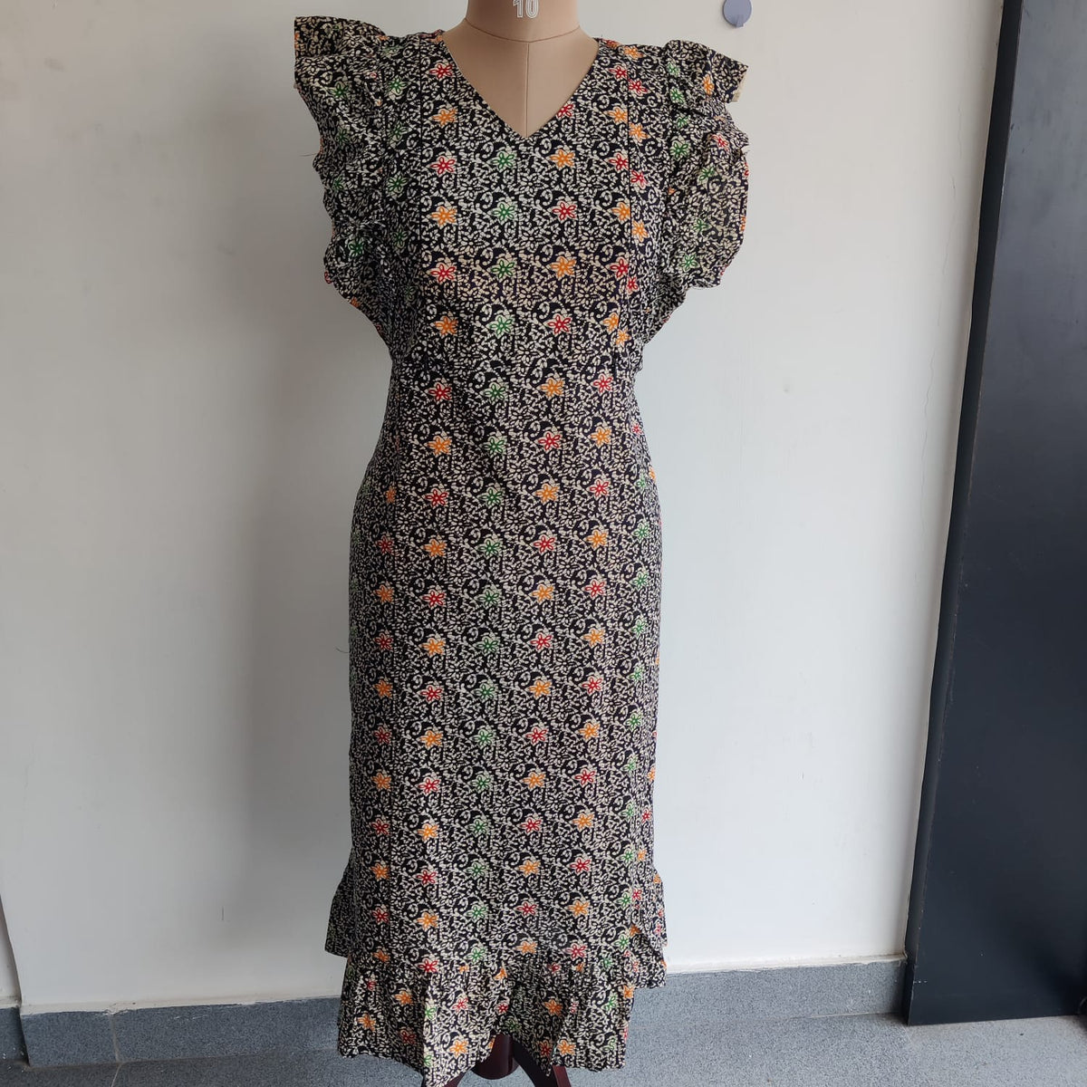 Garage Sale - Orange Floral Printed Black Gujari Cotton Ruffle Sleeve Short Maternity Gown