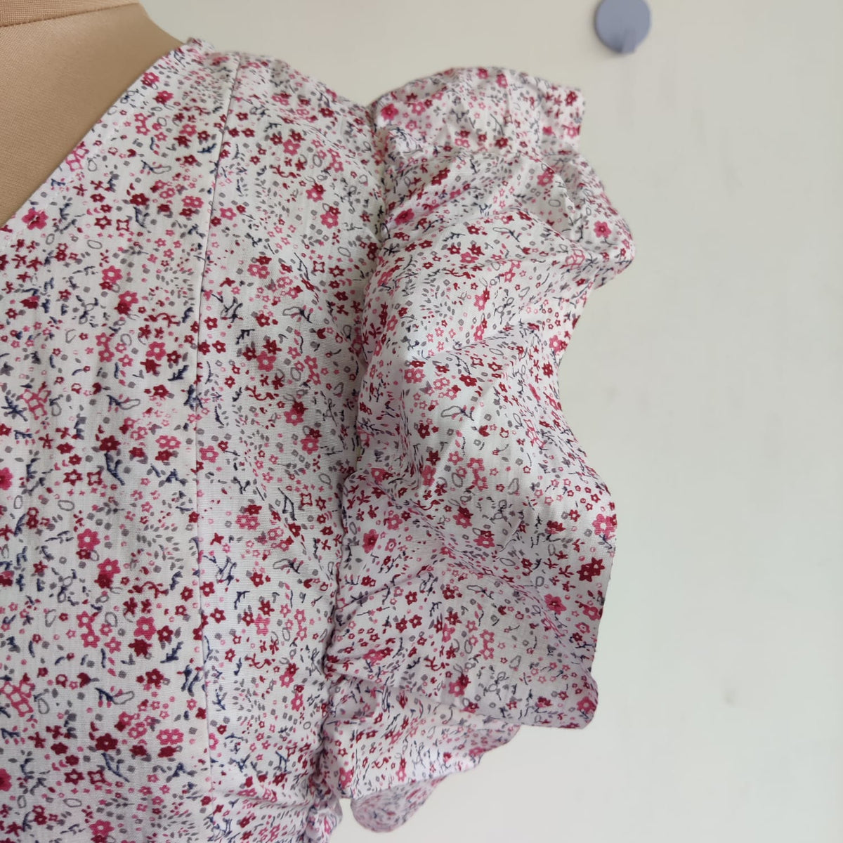 Garage Sale - Pink Floral Printed White Premium Cotton Ruffle Sleeve Short Maternity Gown