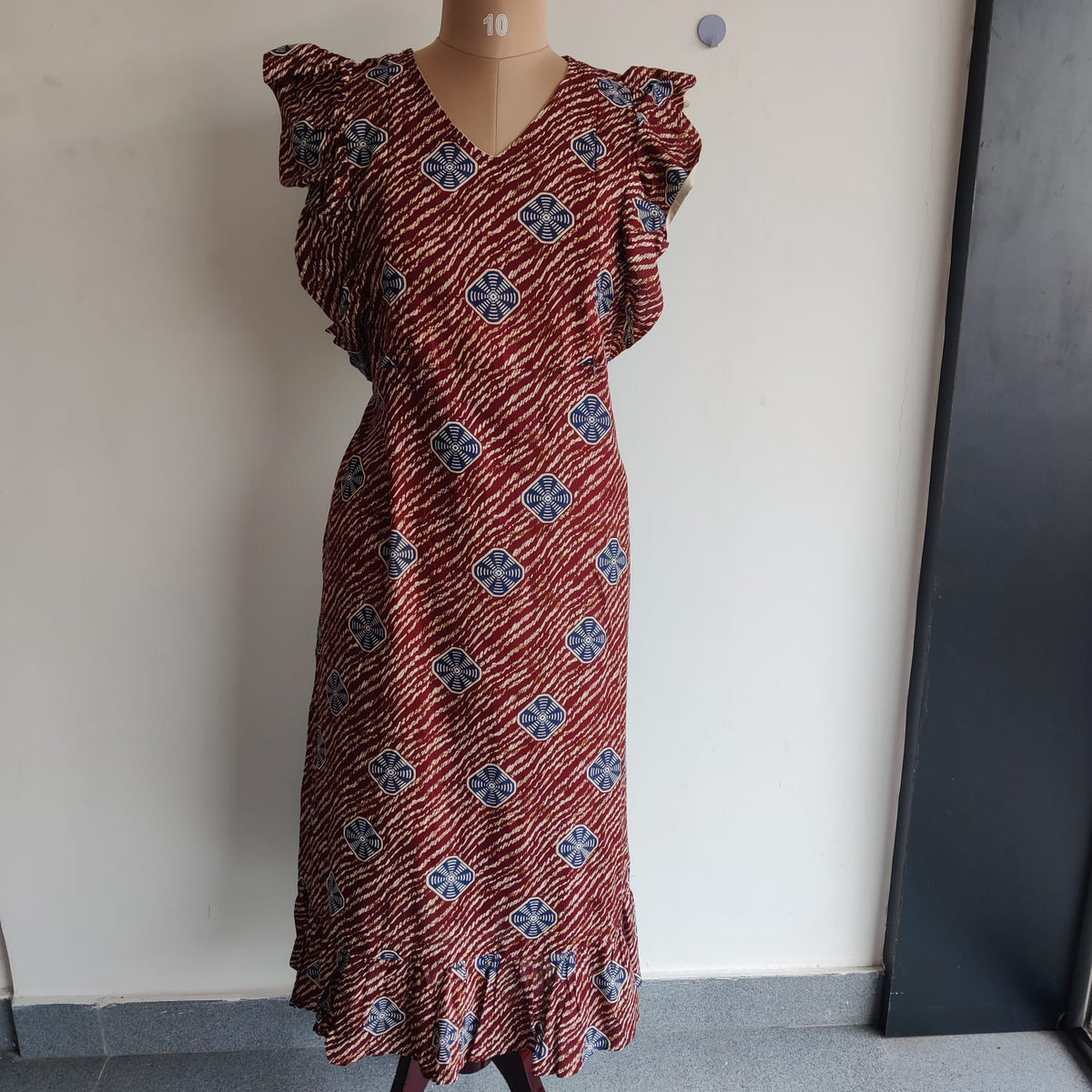 Garage Sale - Navy Blue Printed Maroon Gujari Cotton Ruffle Sleeve Short Maternity Gown