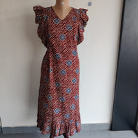 Garage Sale - Navy Blue Printed Maroon Gujari Cotton Ruffle Sleeve Short Maternity Gown