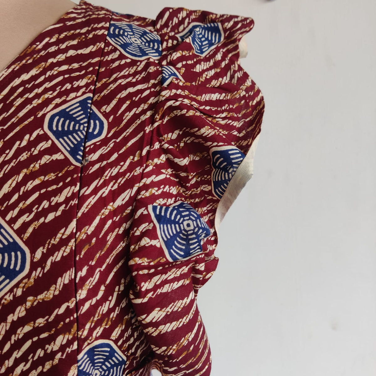 Garage Sale - Navy Blue Printed Maroon Gujari Cotton Ruffle Sleeve Short Maternity Gown