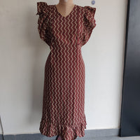 Garage Sale - Cream And Maroon Stripes Printed Gujari Cotton Ruffle Sleeve Short Maternity Gown
