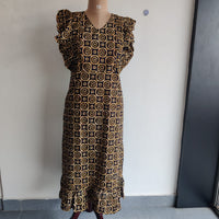 Garage Sale - Yellow Printed Black Gujari Cotton Ruffle Sleeve Short Maternity Gown