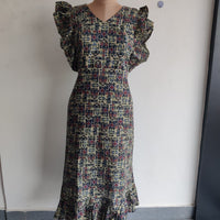 Garage Sale - Pastel Green And Navy Blue Printed Premium Cotton Ruffle Sleeve Short Maternity Gown