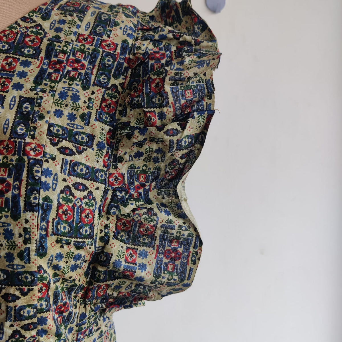 Garage Sale - Pastel Green And Navy Blue Printed Premium Cotton Ruffle Sleeve Short Maternity Gown
