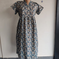 Garage Sale - Blue Floral Printed Grey Premium Cotton V Collar Neck Short Short Maternity Gown
