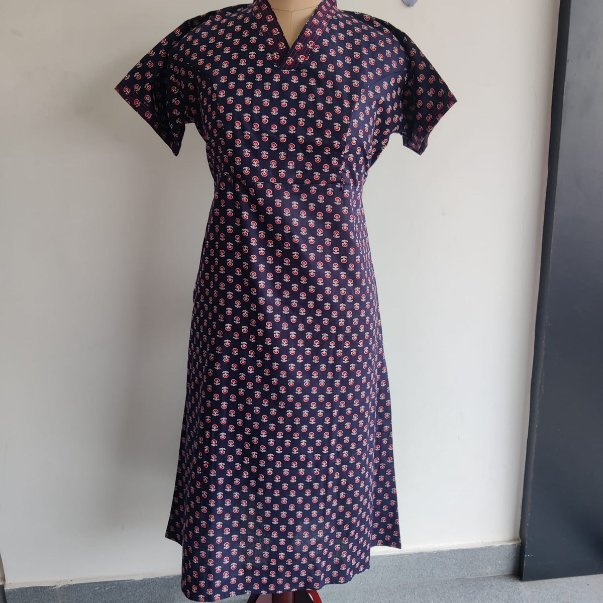 Garage Sale - Pink Floral Printed Navy Blue Premium Cotton V Collar Neck Short Short Maternity Gown