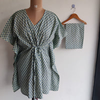 Garage Sale - Pastel Green Printed Pure Cotton Non Feeding Kaftan Loungewear Pyjama Set | Free Size