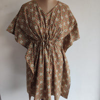 Garage Sale - Pastel Brown Printed Pure Cotton Non Feeding Kaftan Loungewear Pyjama Set | Free Size