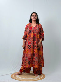 Yellow And Red Check Printed Cotton V- Neck Kurti Co-ord Set| Palazzo Pant | Free Size