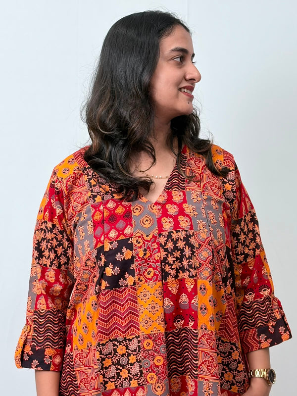 Yellow And Red Check Printed Cotton V- Neck Kurti Co-ord Set| Palazzo Pant | Free Size