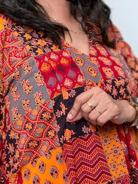 Yellow And Red Check Printed Cotton V- Neck Kurti Co-ord Set| Palazzo Pant | Free Size